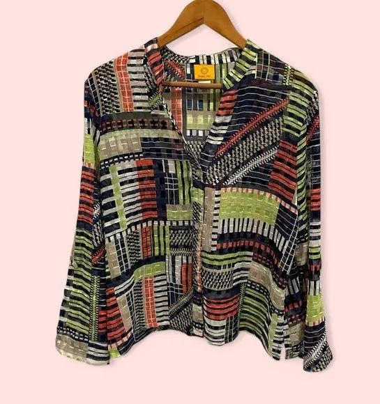 Groovy Ruby Rd. Metallic geometric avocado and tomato salad color sheer blouse - Image 2