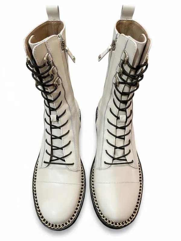Sam Edelman Lenley Ivory Leather Gold Chain Combat Boots Size 8 NIB - Image 2