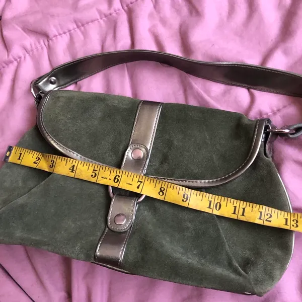 Y2K 2000s Green Suede Shoulder Baguette Hand Bag Purse Grunge Mcbling Silver Studs O-ring #Biker #Alt #Whimsygoth #Baddie #Trendy Measurement in pics - Image 5