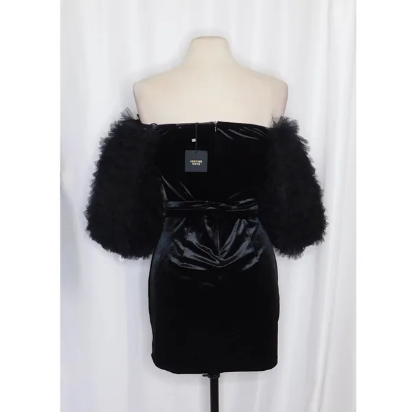 NWT!! ZARA Black Velvet Dress Ruffled Tulle Sleeves Rhinestone Party Cocktail - Image 9