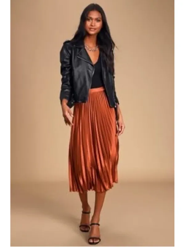 Lulus Fashionable Babe Rust Brown Satin Pleated Midi Skirt - Image 7