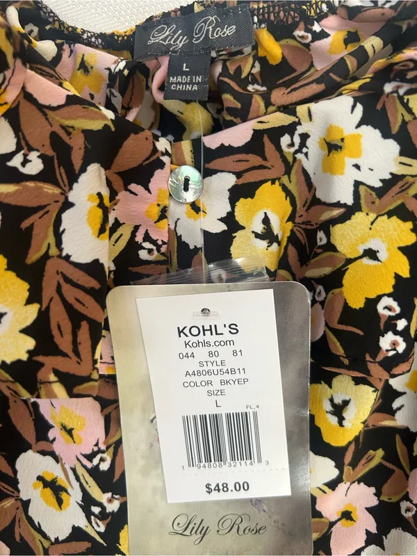 NWT Floral Ruffle-Trim Maxi Dress in Brown, Pink & Yellow, side slit, SZ Large. - Image 4