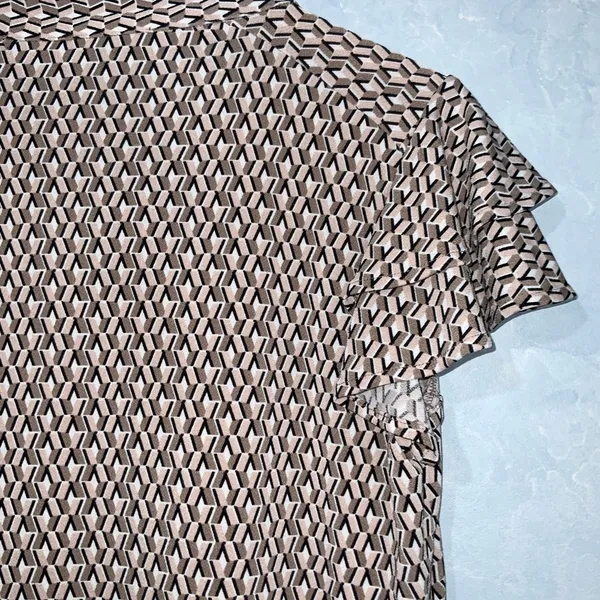 Adrianna Papell Tan Geo Print Stretch Knit Retro Ruffle Sleeve Tie Neck Blouse S - Image 7