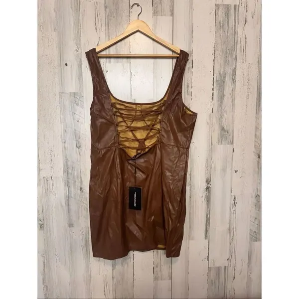 PrettyLittleThing Brown Faux Leather Corset Dress US 18 UK 22 Bodycon Mini Lace - Image 3