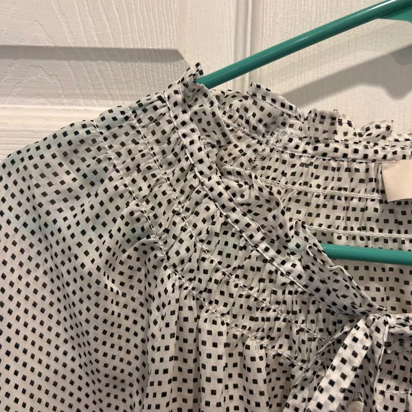 LOFT Women's Blouse Top‎ L White Black Square Dot Tie Neck Long Sleeve Career - Image 3