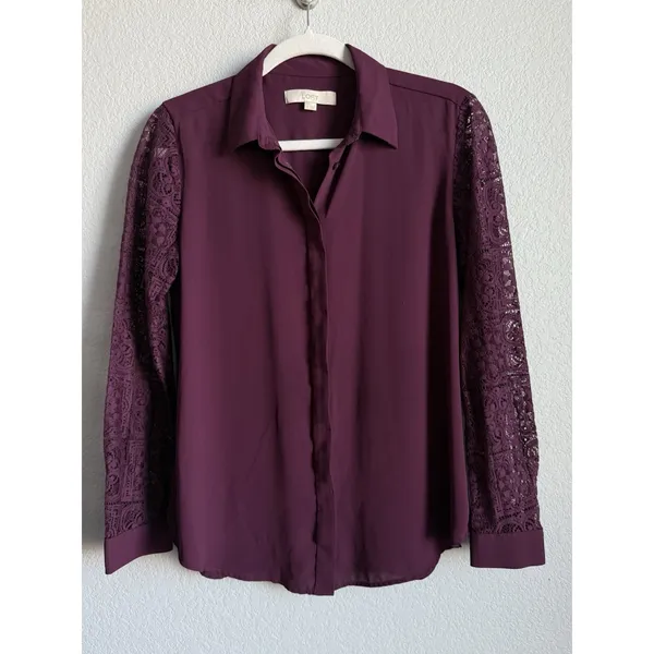 Ann Taylor LOFT Plum Burgundy Lace Sleeve Button Down Blouse Shirt Romantic Goth Witchy S - Image 3