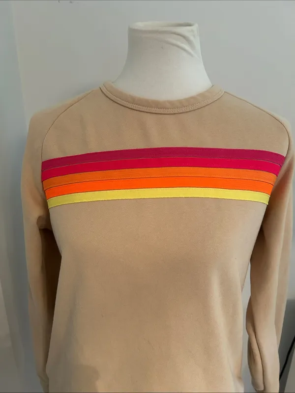 Cutest Light Tan Rainbow Stripe Fitted Crewneck Sweater - Image 4