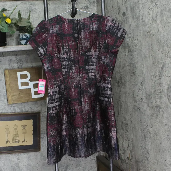 NWT Vince Camuto Womens Jacquard Fit & Flare Puff-Sleeve Dress Wine Red Multi 16 - Image 5