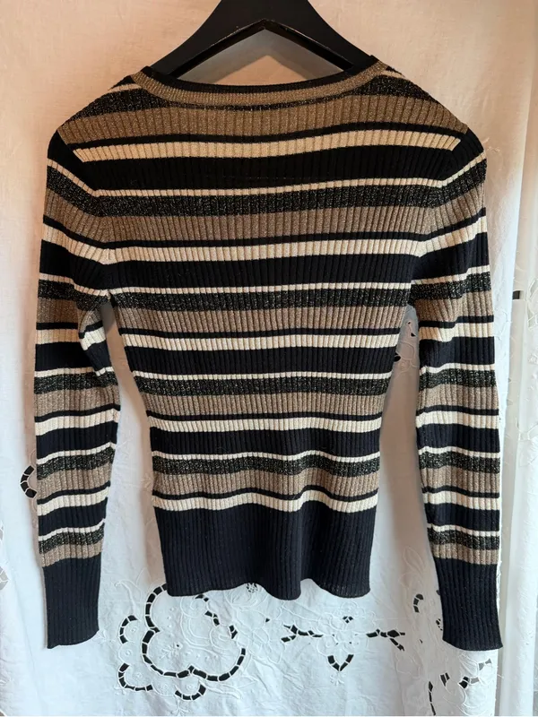 FRAME Metallic Stripe Ribbed Sweater XS Gold Multi Black Wool Blend Crewneck Y2K - Image 3