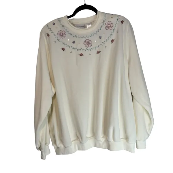 Alfred Dunner Woman 2X Cream Floral Embroidered‎ Sequin Fleece Sweatshirt Top - Image 2