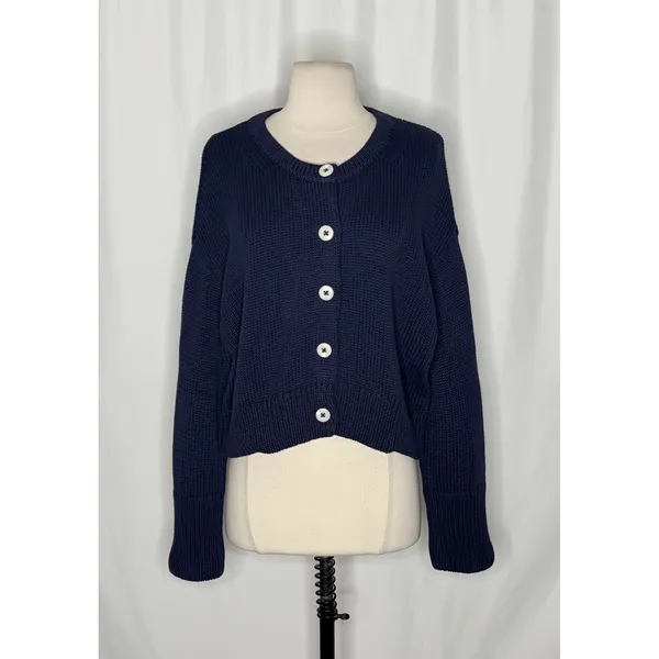 CAROLINE CONSTAS Navy Blue Cotton Cropped Cardigan Sweater Quiet Luxury Medium - Image 2