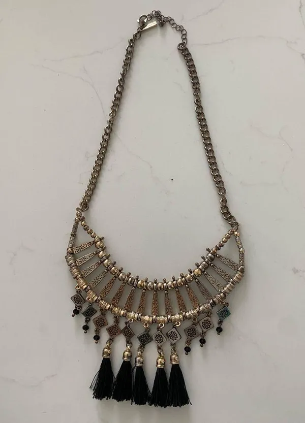 Free People Y2k festival boho goth fringe tassel statement necklace silver black - Image 4