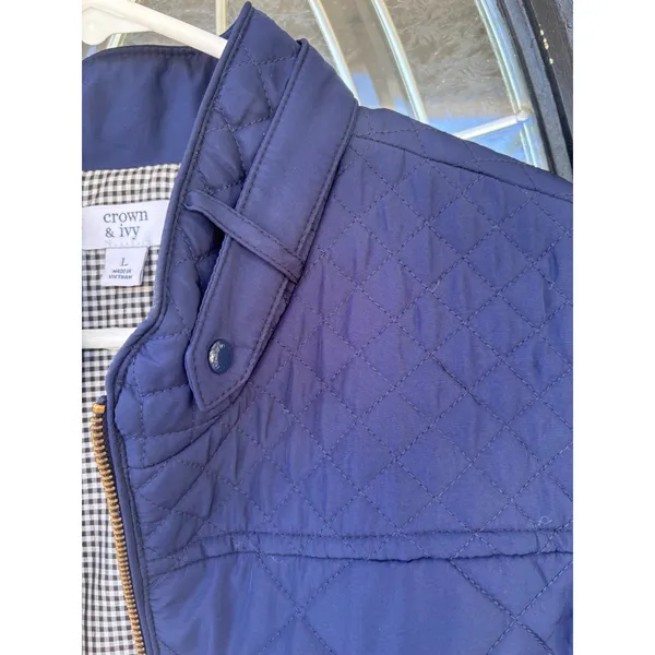 Crown & Ivy Navy Blue Quilted Puffer‎ Vest Gingham Lining Gold Zip Womens Large - Image 12