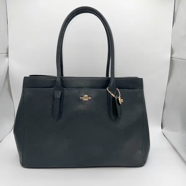 Coach Pebbled Leather Tote Bag Top Handle Black Gold Heart Charm Black Lining‎ - Image 2