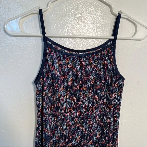 Knit Works Women's Juniors Size XL Ribbed Tank Top‎ Navy Blue Floral Stretch Y2K - Image 2