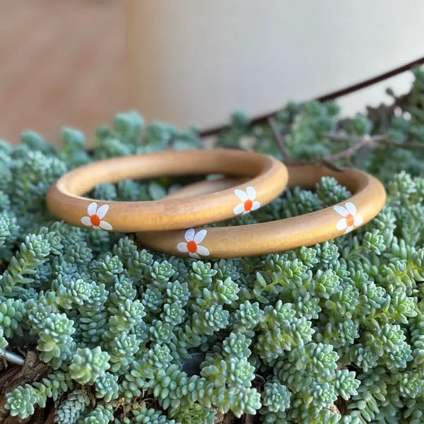 Vintage 60s Hand-Painted Wood Flower Bracelet Bangles - Image 2
