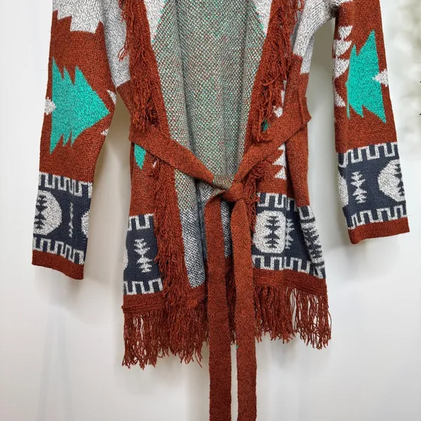 Wrangler Boho Western Aztec Print Fringe Belted Cardigan size XL - Image 8