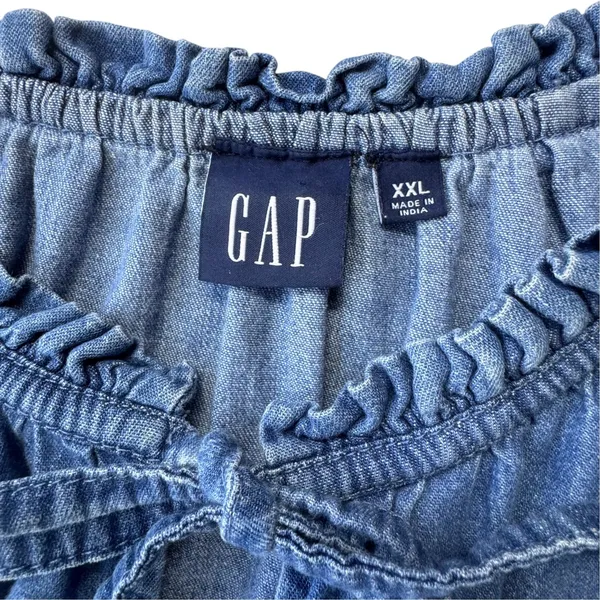 Gap Denim Dress Womens XXL Blue Cotton Ruffle Neck Tie Smocked Waist Long Sleeve - Image 4