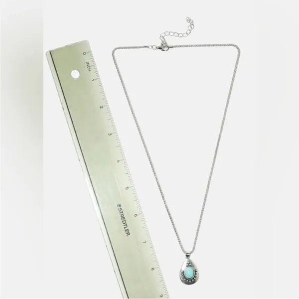 Turquoise Teardrop Pendent Necklace with Adjustable 18" Silver Tone Chain - Image 2