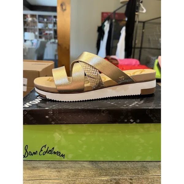 Sam Edelman Ariele Gold Snake Print‎ Leather Platform Slide Sandals Size 10 - Image 4