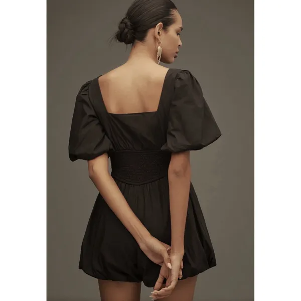 Anthropologie Maeve Puff Sleeve Smocked Romper XS Black Square-Neck Bubble Hem - Image 2