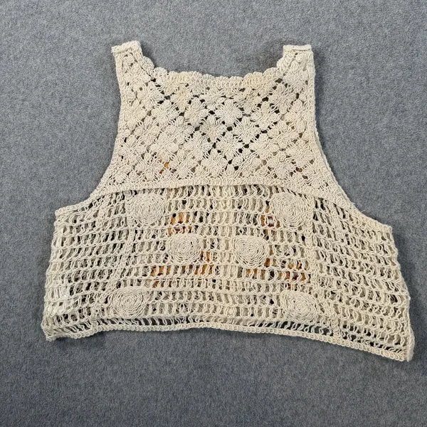 REBELLION again Women's Medium Crochet Vest Beige Sunflower Button Front Boho - Image 9
