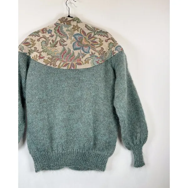 VINTAGE Woof Womens Cardigan Green Floral Folk Tapestry Wool Sweater 90s Large - Image 8