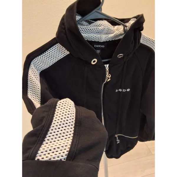 Bebe Short Zip Up Hoodie Y2K Style Womens L Black White Stripe Rhinestone Logo - Image 4