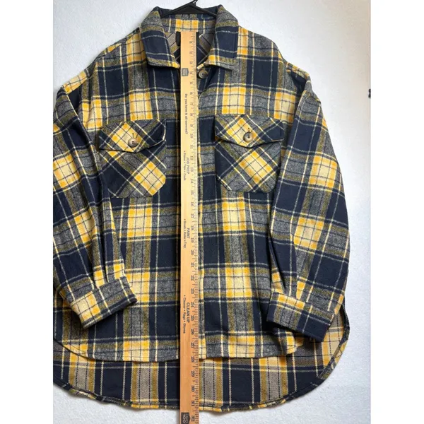 Timing Plaid Shacket Navy Blue Yellow Flannel Shirt Jacket Large - Image 7