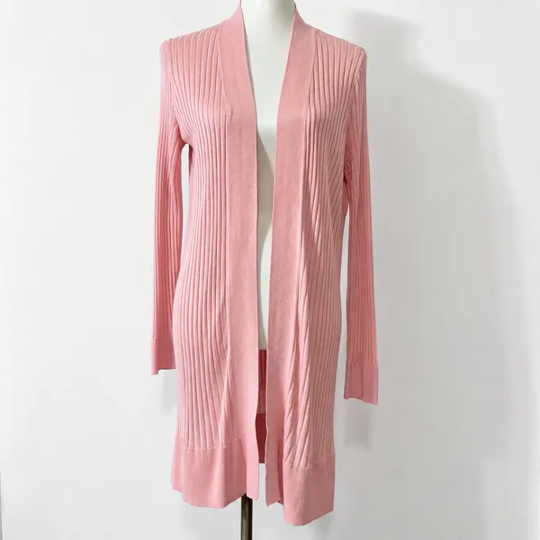 LOFT Cardigan L Pink Ribbed Open Front Duster Longline Sweater Pastel Preppy - Image 2