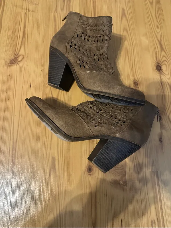 Woven Suede Brown Ankle Booties with Block Heel Size 10 - Image 2
