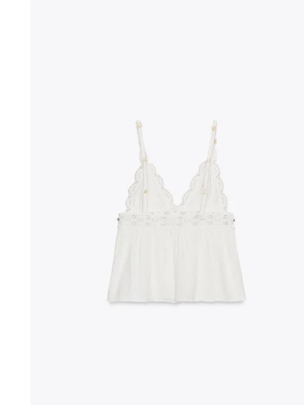 Zara ZARA‎ COMBINED LACE TOP WITH BEADS, WHITE - Image 4