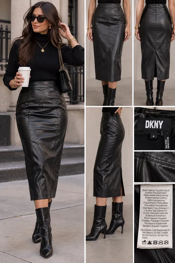 DKNY Black Faux Leather Pencil Skirt medium - Image 2