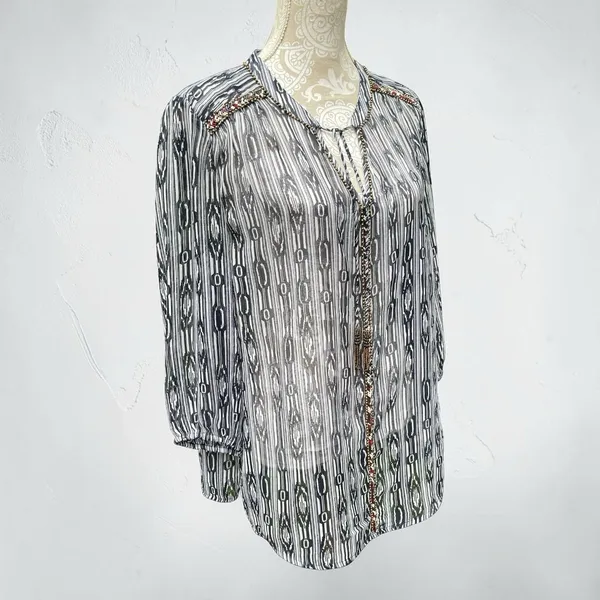 Charter Club Sheer Beaded Tassel Tunic Top XL Coastal Cowgirl Boho Navy White - Image 5