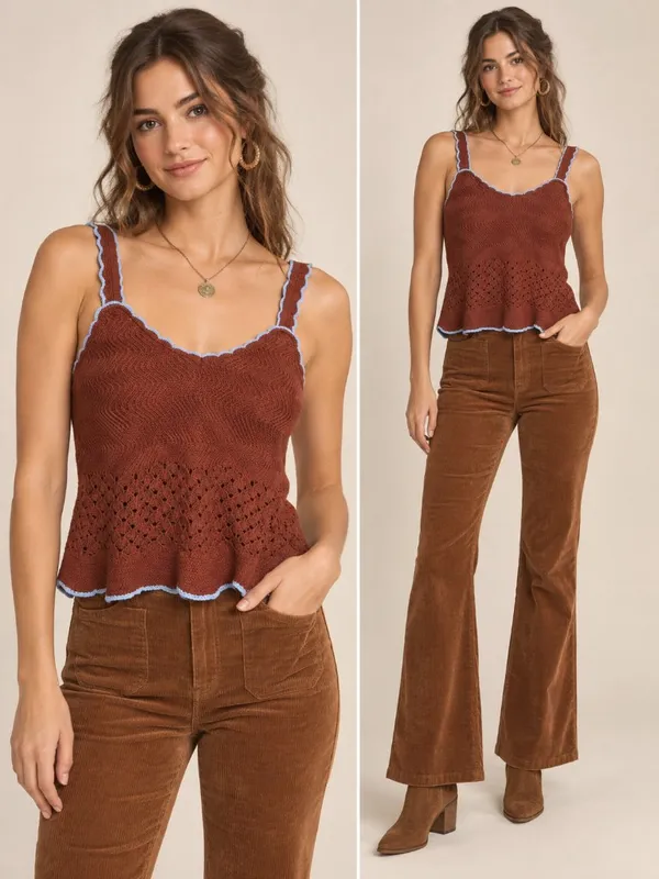 A New Day Crochet Knit Tank Top Brown Blue Trim Camisole XL NWOT - Image 2