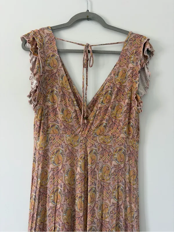 Anthropologie Matilda Pink Yellow Floral Paisley Wide Leg Ruffle Jumpsuit S - Image 4