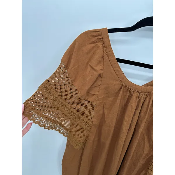Old Navy XL Boho Peasant Top Brown‎ Lace Crochet Short Sleeve Cotton Blouse - Image 5