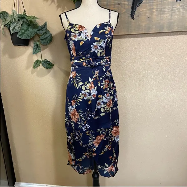 Lulus My Favorite Day Navy Blue Floral Print Tulip Skirt Midi Dress - Image 9