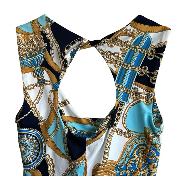 Cache VTG Y2K Top Sz S Draped Neck Sleeveless Equestrian Print Cut Out Back - Image 6