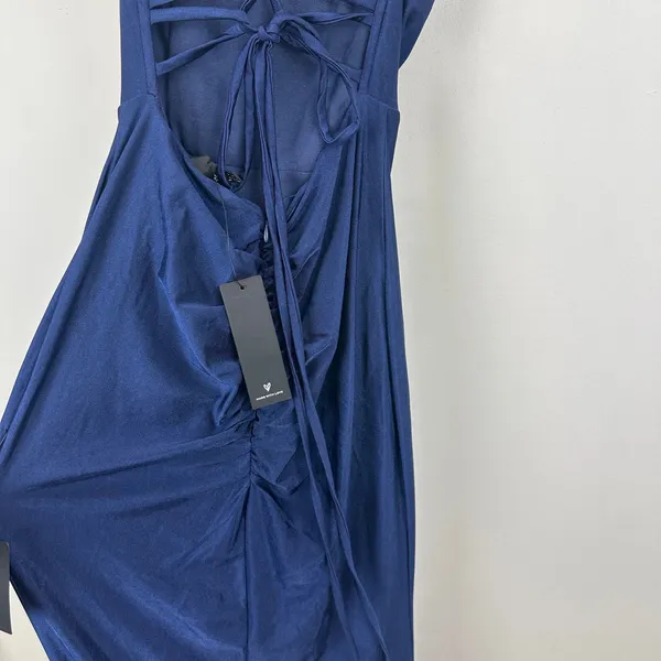 Lulus Iconic Allure Navy Blue Cowl Neck Lace Up Ruched Maxi Dress Stretch XS NWT - Image 11