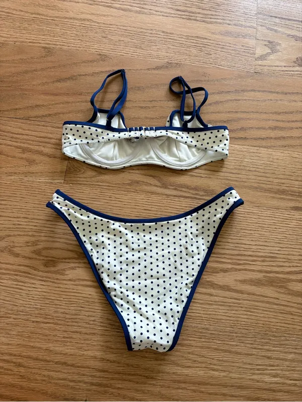 Frankie's Bikinis Polka Dot Two-Piece Bikini Set in Cream and Navy - Image 3