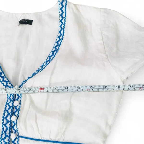 J.Crew White 100% Linen Embroidered Midi Dress Blue Ric Rac Button Front Size 2 - Image 6