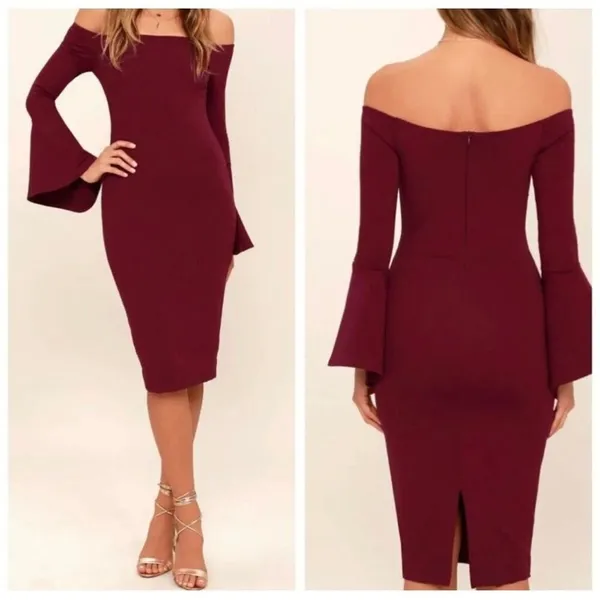 Lulu’s All She Wants burgundy S bodycon bell sleeve dress - Image 2