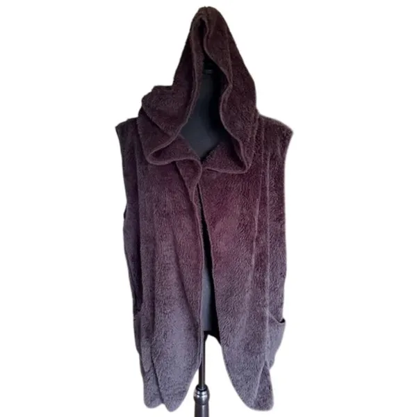 Zenana Outfitters Women’s Fuzzy Hooded Long Vest Size L Black Open Front - Image 5