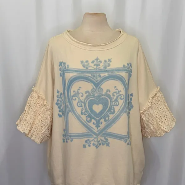 NWT!!‎ FREE PEOPLE Doily Sweatshirt Heart Ivory Blue Eyelet Lace Bohemian Small - Image 3