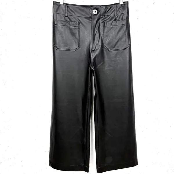 Anthropologie Maeve Colette Faux Leather Cropped Wide Leg Pants Black Size 28 - Image 9