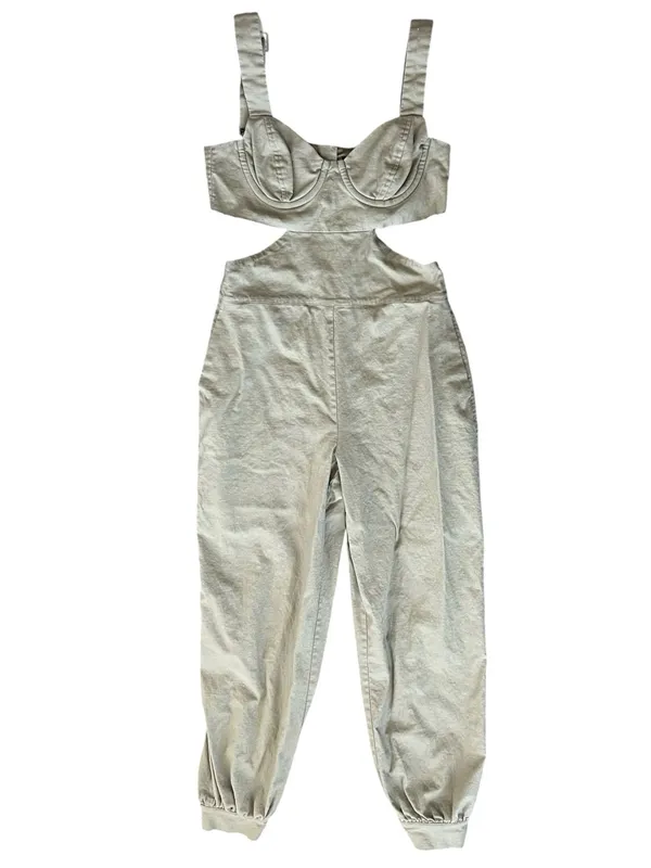 Majorelle Revolve Ameera Linen Cotton Structured Bodice Jumpsuit Taupe Green - Image 2