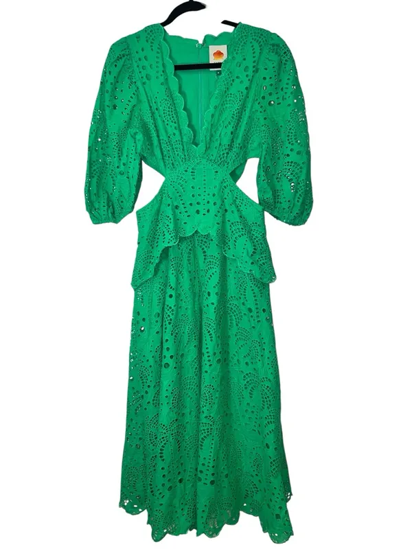 FARM Rio Green Richelieu Cutwork Midi Dress Bright Green Eyelet Cotton Sz M NWT - Image 3