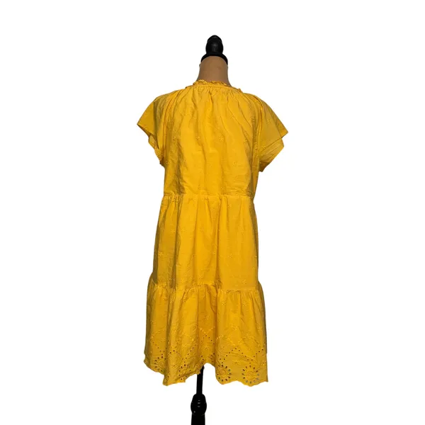 LOFT Yellow Eyelet‎ Tiered Mini Dress Womens Medium Tie Neck Flutter Sleeve - Image 5
