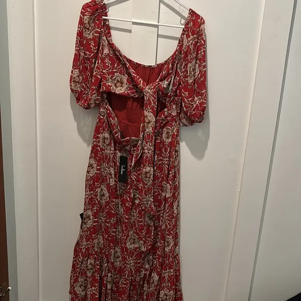 NWT Lulus Daily Daydream Rust Red Floral Print Puff Sleeve Midi Dress - Size L - Image 5
